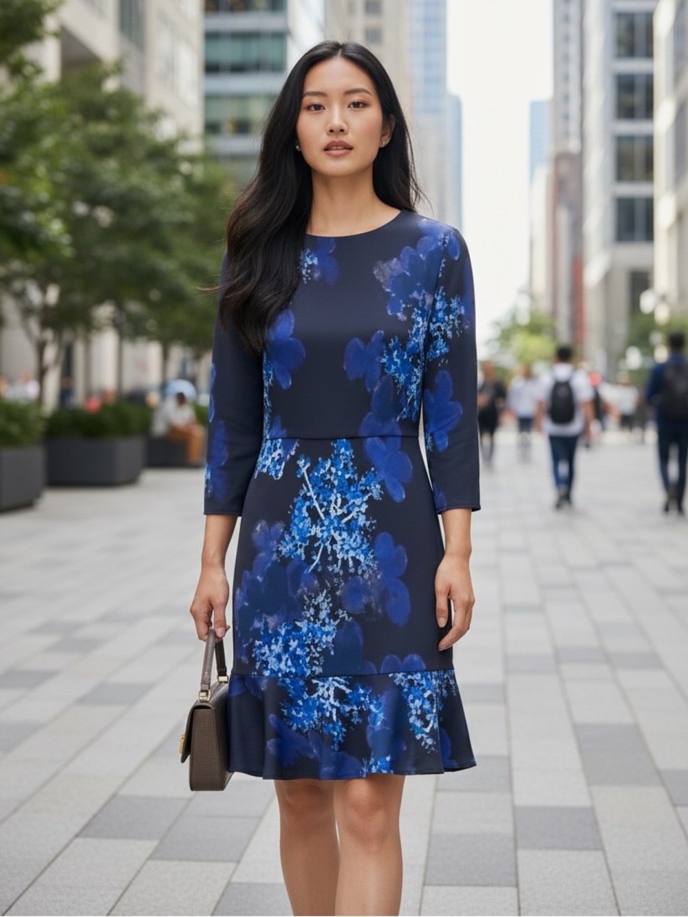 Banana Republic Floral Print 3/4 Length Sleeve Ruffle Hem Dress